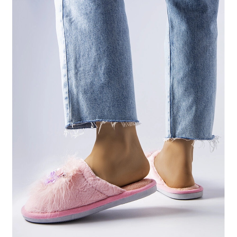 Rosa warme Hausschuhe mit Moly-Blumen 2