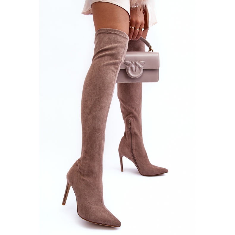 Overknee-Stiefel aus Wildleder mit hohem Absatz in Beige Calfi 2