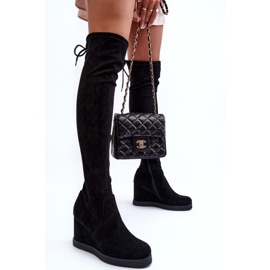 Schwarze, oberschenkelhohe Stiefel aus Mephal-Wildleder mit Keilabsatz 3