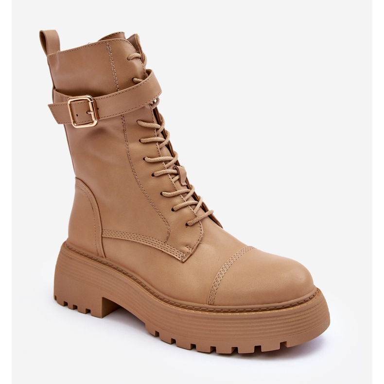 Leder-Arbeiterstiefel mit flachem Absatz und Schnalle, Beige Samivlo 2