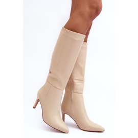 Beige Serpens-Lederstiefel mit hohem Absatz 1