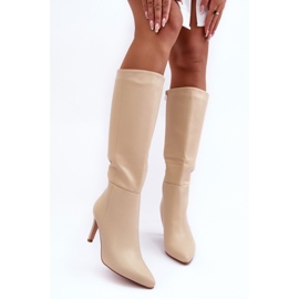 Beige Serpens-Lederstiefel mit hohem Absatz 2