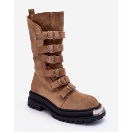 Hohe Worker-Stiefeletten aus Wildleder mit beigen Riemen Elnatea 1