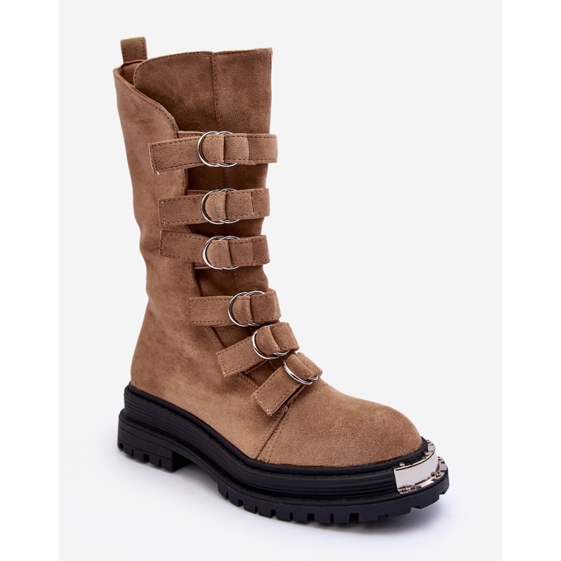 Hohe Worker-Stiefeletten aus Wildleder mit beigen Riemen Elnatea 1