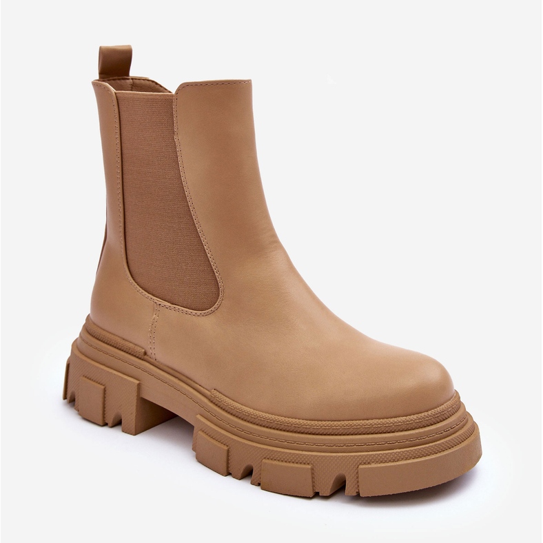 Beigefarbene Solita-Chelsea-Stiefel aus Leder mit flachem Absatz und Plateau 2