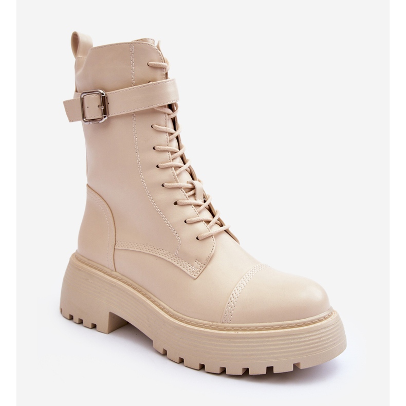 Worker-Stiefeletten aus Leder mit flachem Absatz und Schnalle in Hellbeige von Samivlo 1