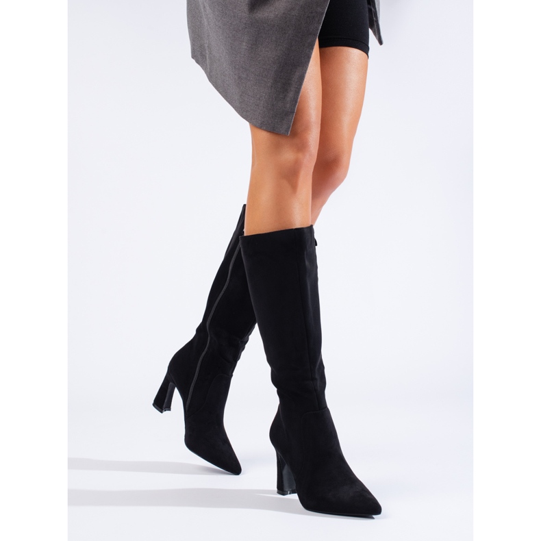 Shelovet Damenstiefel mit hohem Absatz aus schwarzem Wildleder 1