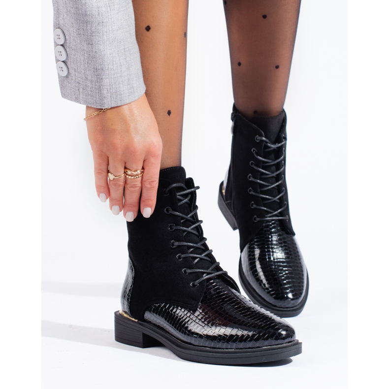 Schwarze Shelovet-Arbeiterstiefel zum Schnüren für Damen 2