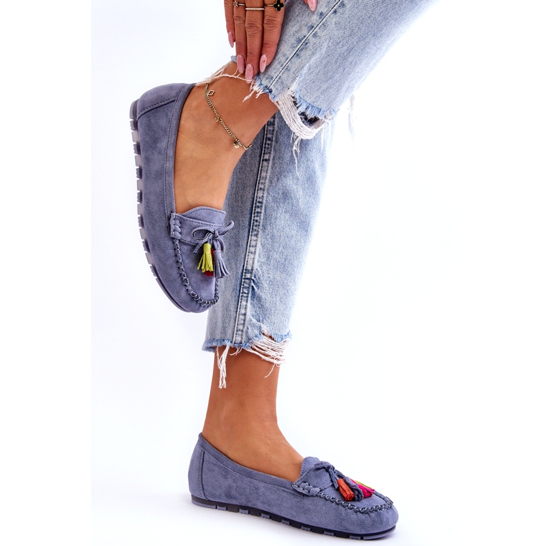 Blaue Wildledermokassins mit Schleife und Fransen 1