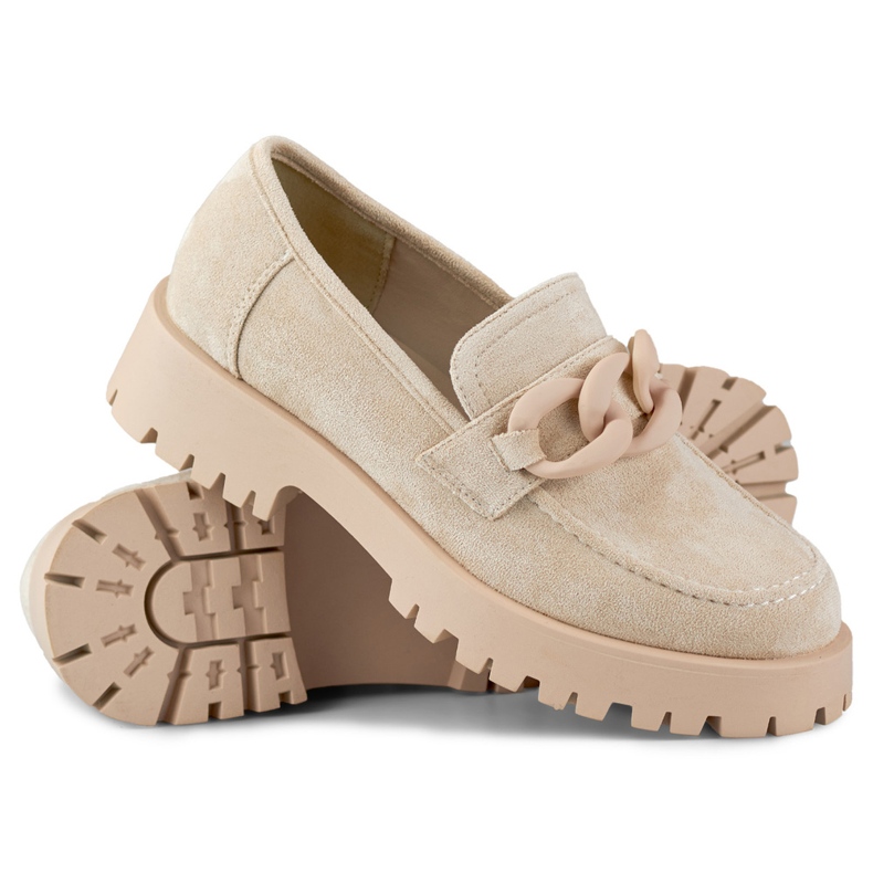 Damen-Loafer aus beigem Wildleder mit Kette 1
