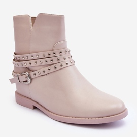 Beige verzierte flache Damenstiefel aus Leder von Adkrana 2