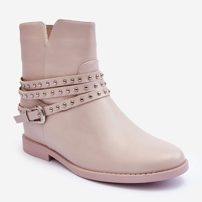 Beige verzierte flache Damenstiefel aus Leder von Adkrana 2