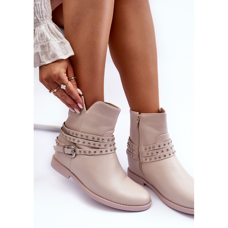 Beige verzierte flache Damenstiefel aus Leder von Adkrana 1