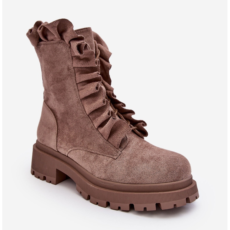 PS1 Isolierte Worker-Stiefeletten aus Wildleder mit flachem Absatz und dunkelbeiger Gondel 1