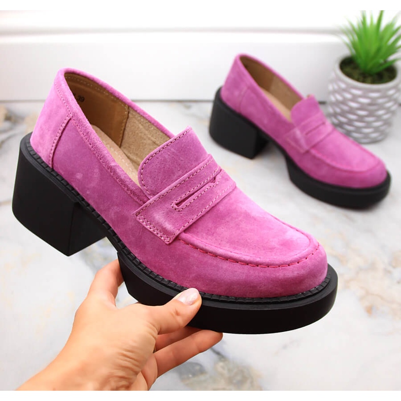 Leder-Wildlederschuhe Damen-Loafer mit hohen Absätzen Fuchsia Filippo DP4685 rosa 1
