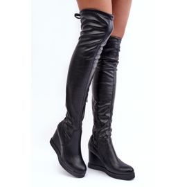 PS1 Schwarze Ambre-Leder-Overknee-Stiefel mit Keilabsatz 1