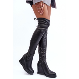 PS1 Schwarze Ambre-Leder-Overknee-Stiefel mit Keilabsatz 2