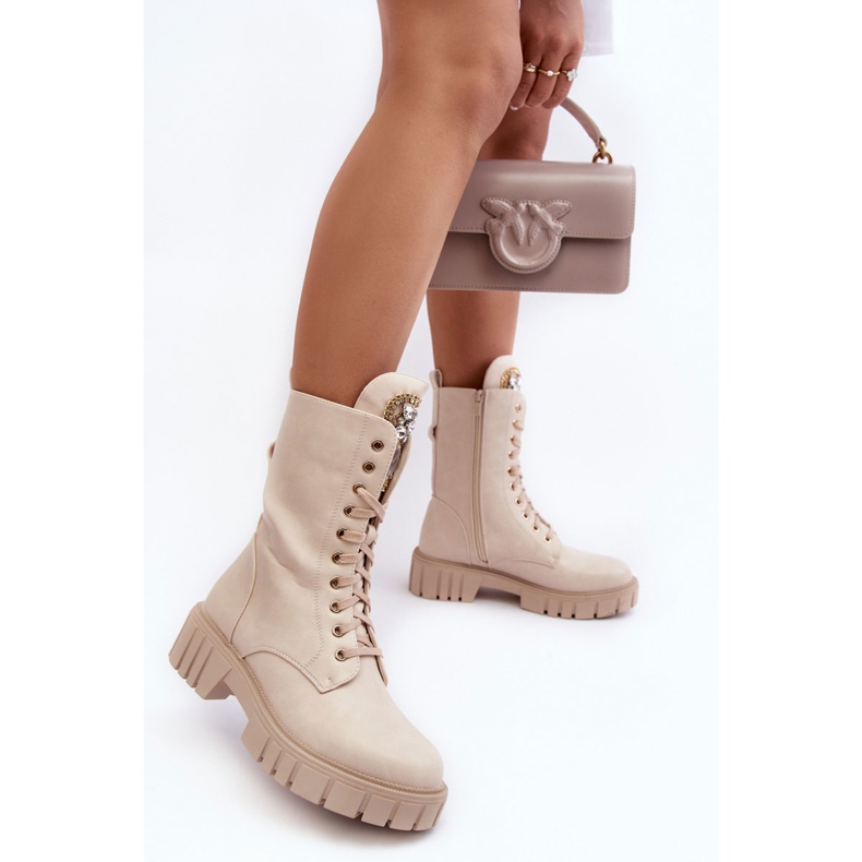 PS1 Beigefarbene Marx-Worker-Stiefeletten aus Leder mit Schmuckverzierung 1