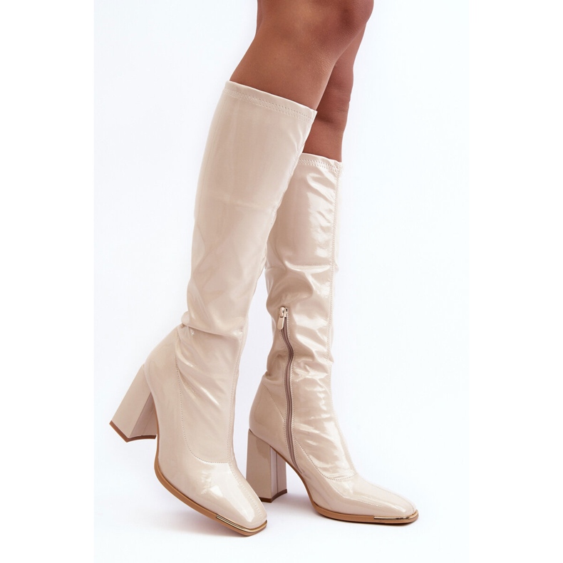 PS1 Lack-Overknee-Stiefel mit hohem Absatz, Beige Mlokva 1