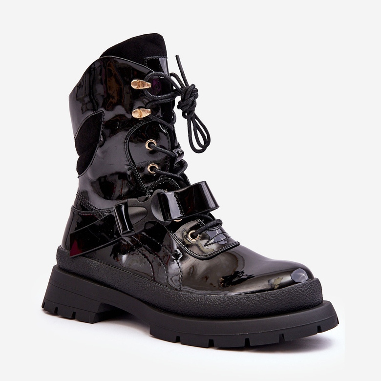 Lack-Arbeiterstiefel für Damen mit Plateausohle in Schwarz Nahili 1