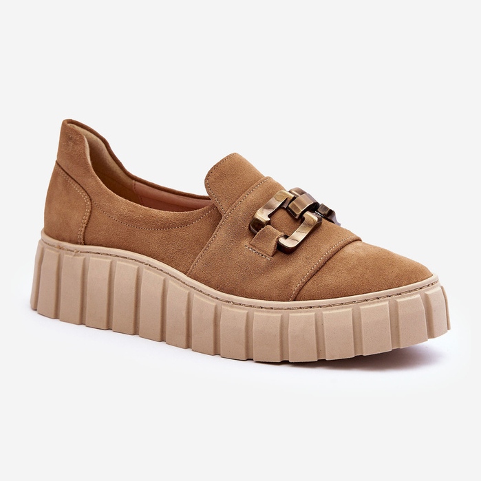 Lewski Shoes Wildleder-Damenschuhe auf der Plattform mit Dekoration, dunkelbeige Lewski 3398 1