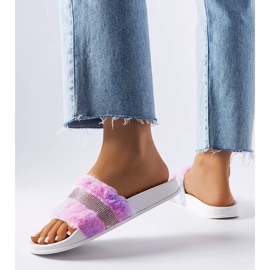 Bunte Fellpantoletten mit Strasssteinen von Carrito rosa 2