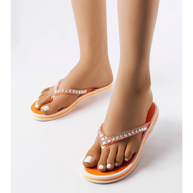 Patrier orangefarbene Flip-Flops mit Strasssteinen 1