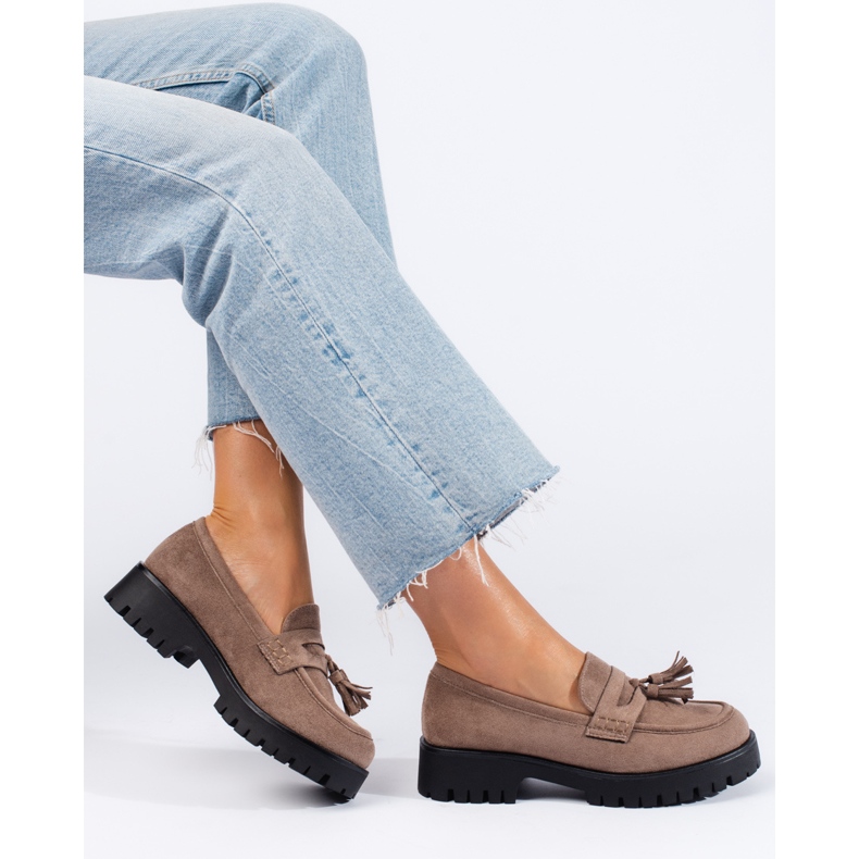 Dunkelbeige Wildledermokassins von Shelovet mit Fransen 1