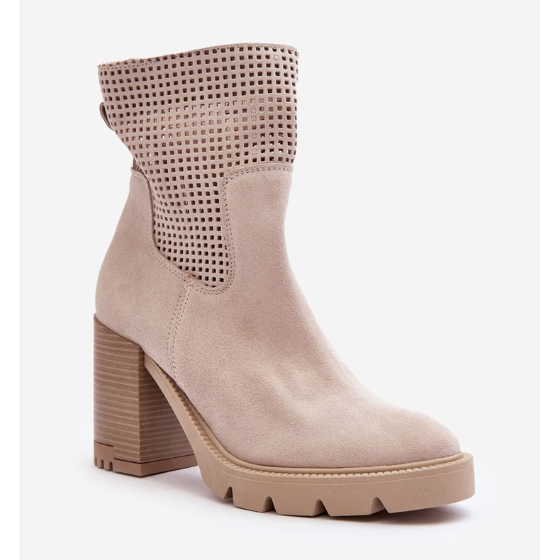 Lewski Shoes Durchbrochene Damenstiefel aus Wildleder mit hohem Absatz, hellbeige Lewski 3386 1