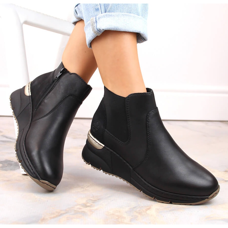 Lederstiefel, schwarze Keilsneaker für Damen, Rieker 1