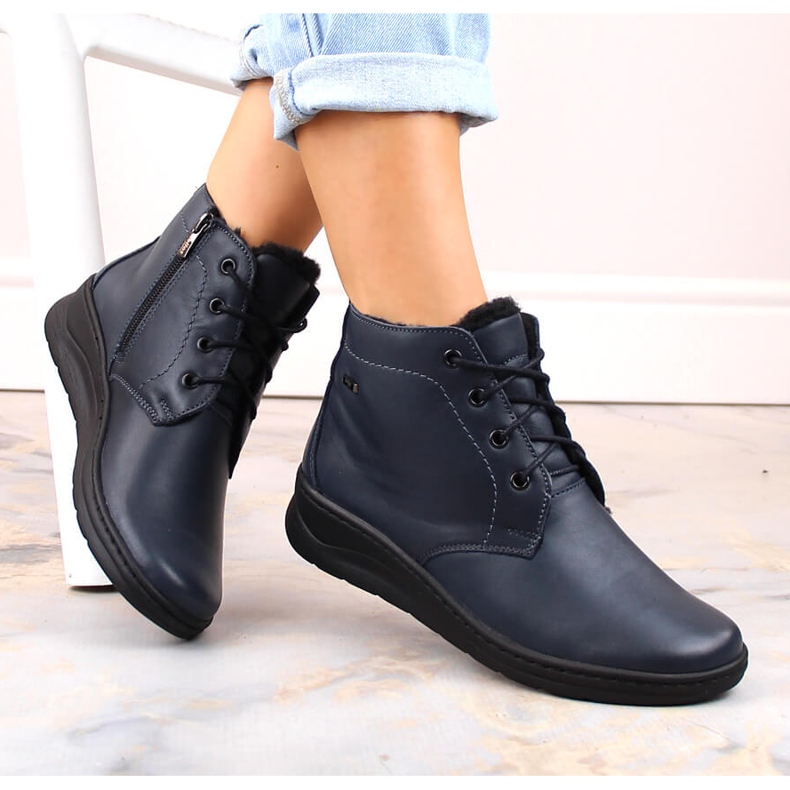 Isolierte Damen-Stiefeletten aus Leder mit Schnürung und Reißverschluss, marineblau Helios 584 1