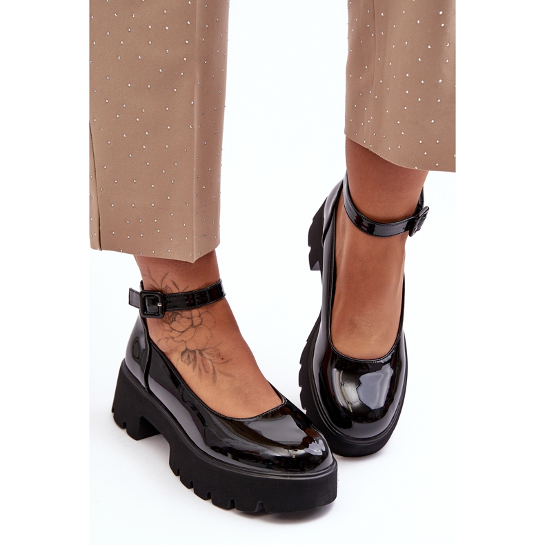 WS1 Damen-Lacklederschuhe mit niedrigem Absatz und Schnalle, Schwarz von Owena 1