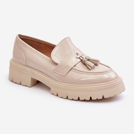 Lack-Loafer-Schuhe mit Fransen, hellbeige Velenase 1
