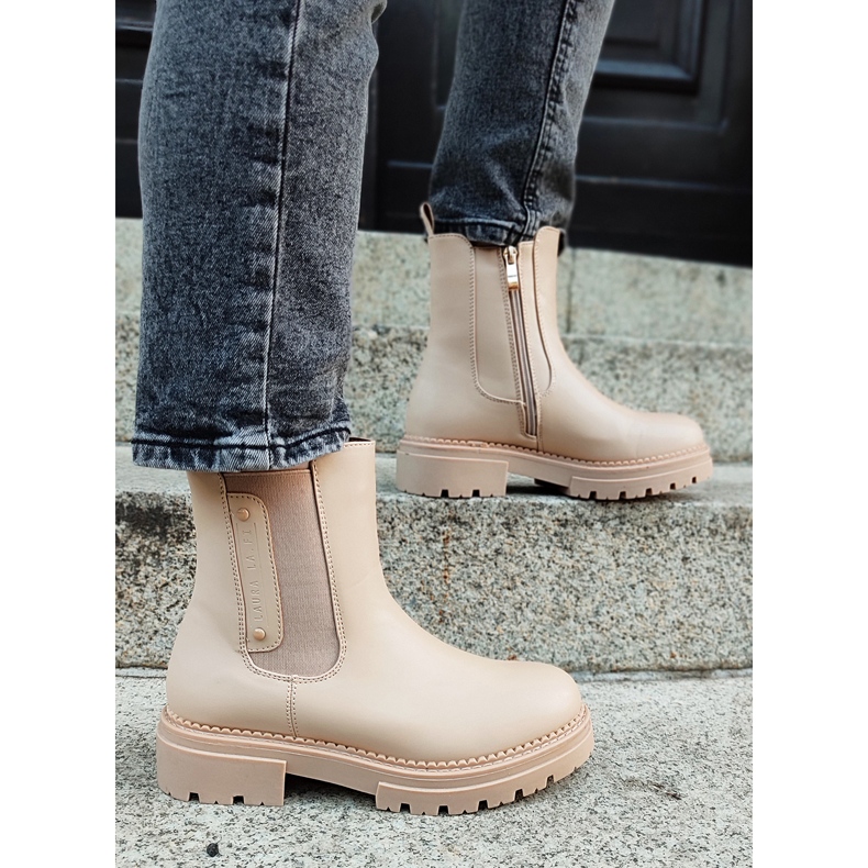 Beige Chelsea-Stiefel für Damen mit dicker Sohle 1