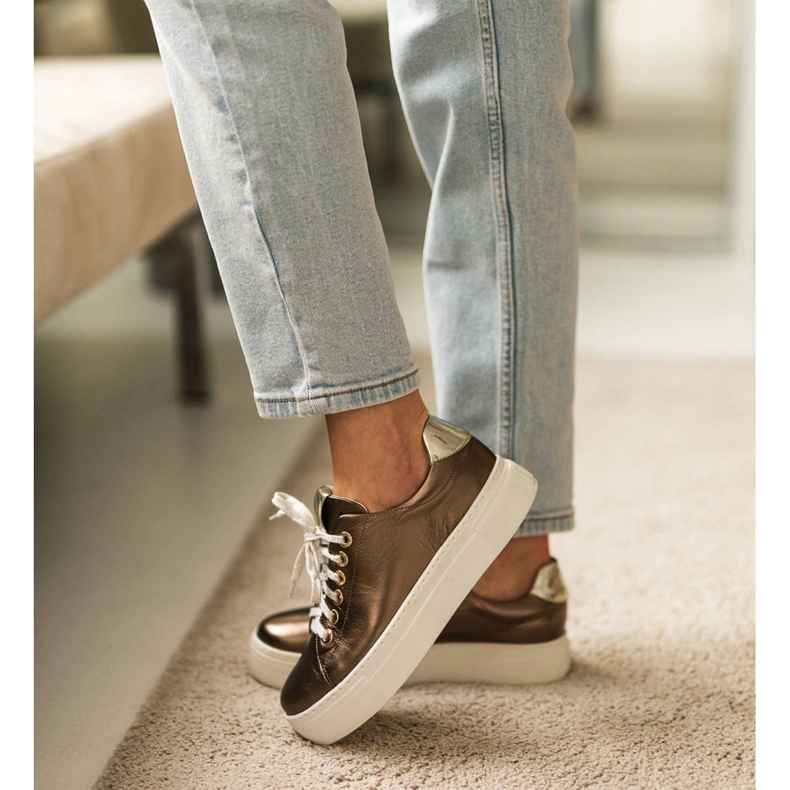 Marco Shoes Damen Sneaker aus echtem Leder auf dicker Sohle golden 1