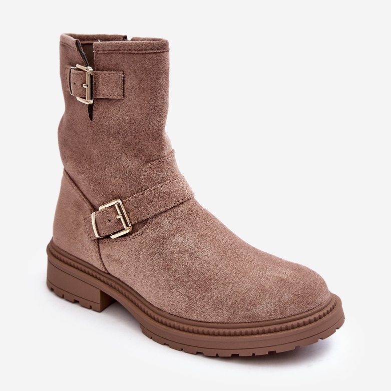 Flache Damenstiefel mit Schnallen, Dunkelbeige Bliggore 1