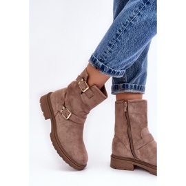 Flache Damenstiefel mit Schnallen, Dunkelbeige Bliggore 3