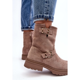 Flache Damenstiefel mit Schnallen, Dunkelbeige Bliggore 5