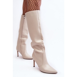Beige Lederstiefel mit hohem Absatz Meliskindra 2