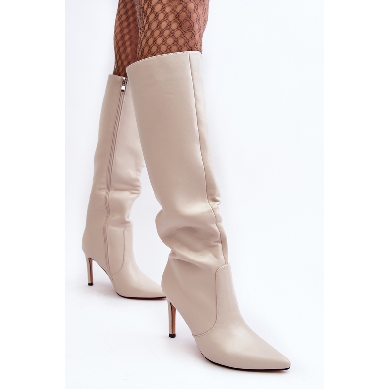Beige Lederstiefel mit hohem Absatz Meliskindra 2