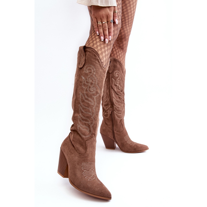 WS1 Damen-Cowboystiefel mit hohem Absatz, Dunkelbeige Tomani 1