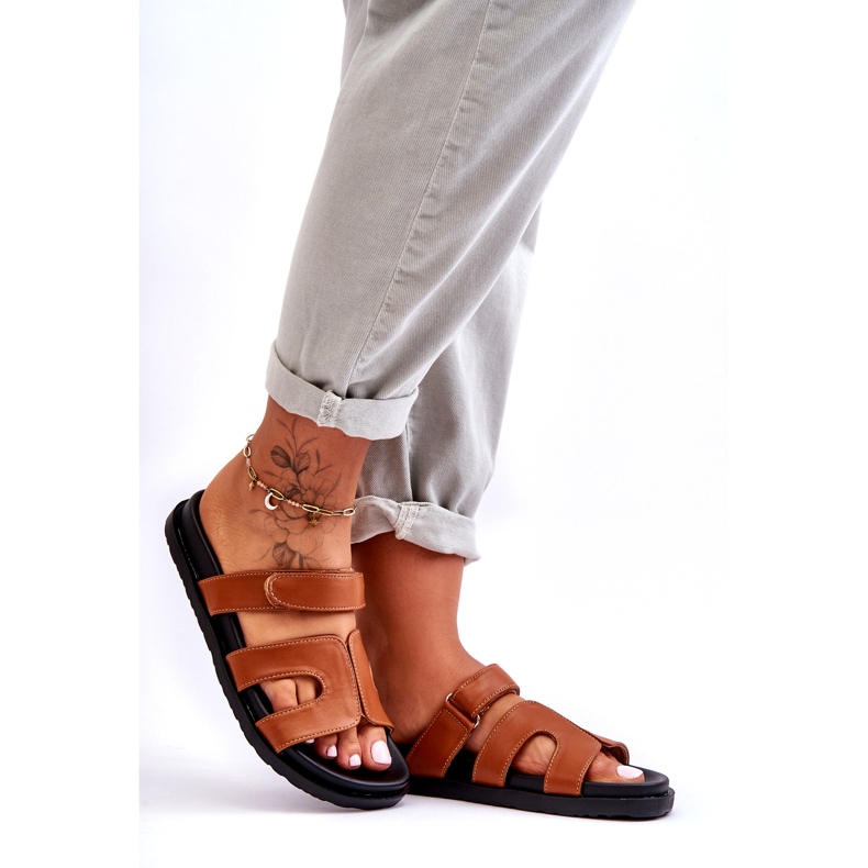 Joia Klassische Damen-Flip-Flops aus Leder mit Klettverschluss, Braun 1