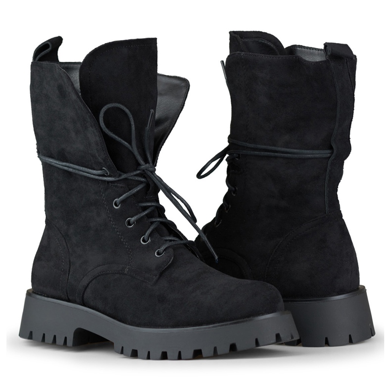 Schwarze Damen-Arbeiterstiefel zum Schnüren aus Wildleder beige 1