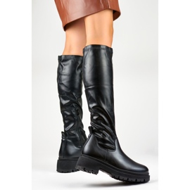 Schwarze elastische Damenstiefel aus Öko-Leder 2