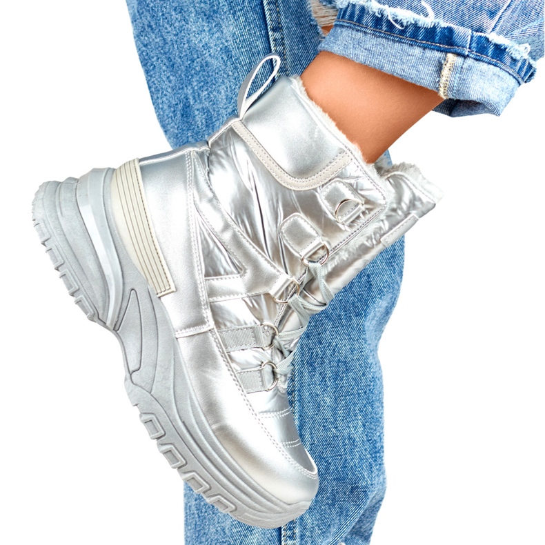 Silberne sportliche Damen-Schneestiefel zum Schnüren silber- 1