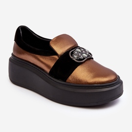 Damen-Lederschuhe auf der Plattform mit Dekoration Laura Messi 2697/744-300 Gold golden 1