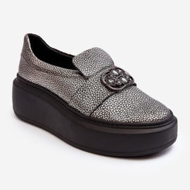 Damen-Lederschuhe auf der Plattform mit Dekoration Laura Messi 2697/810 Silber 2