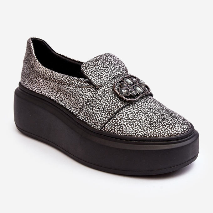 Damen-Lederschuhe auf der Plattform mit Dekoration Laura Messi 2697/810 Silber 2