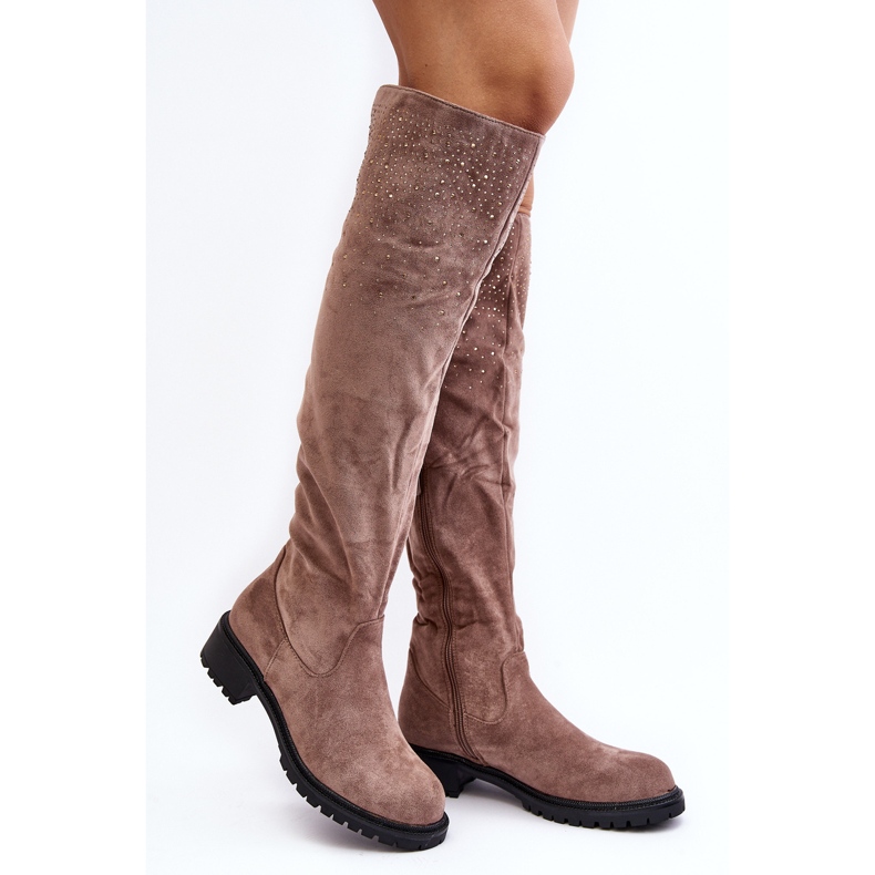 Beige Cintya verzierte flache Overknee-Stiefel für Damen 1