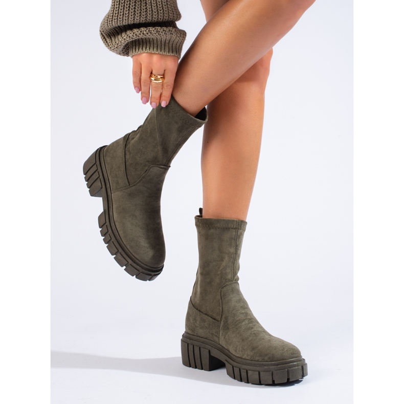 Shelovet Damen-Stiefeletten aus dunkelgrünem Wildleder 1